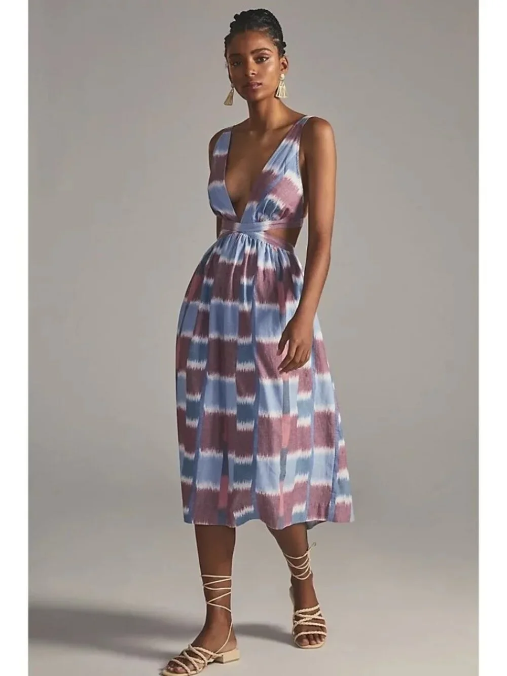 Anthropologie Deep V Strappy Back Tie Midi Dress - Picture 5 of 6